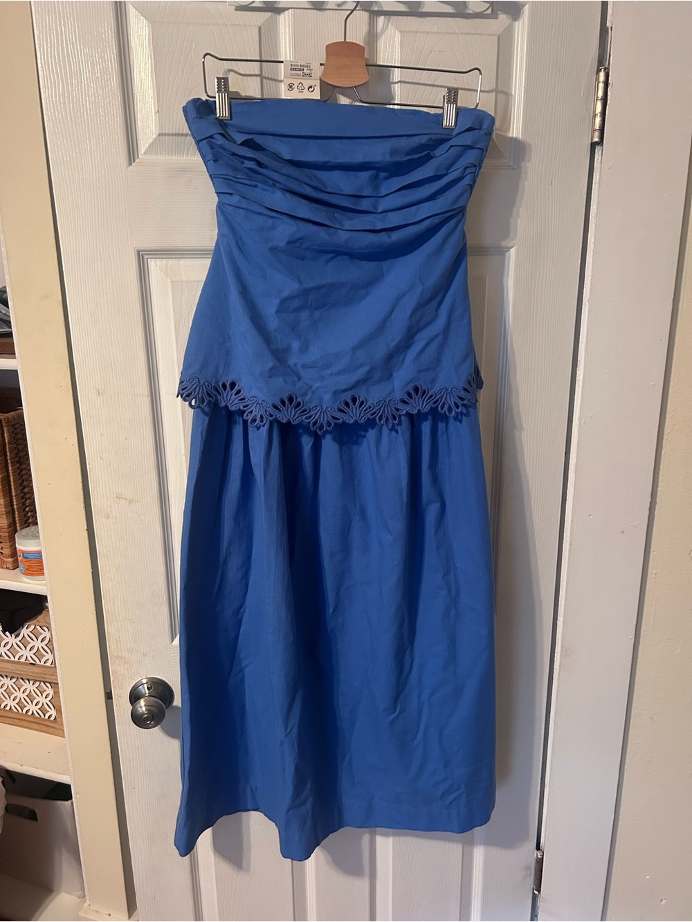 Strapless Royal Blue Midi Dress with Eyelet Hem